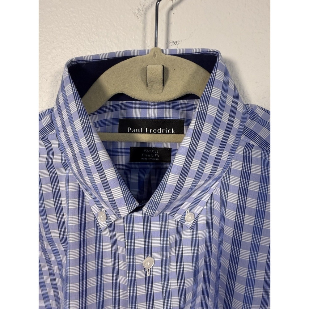 Paul Frederick Dress Shirt Mens 15 1/2x33 Blue Check Button Down Non Iron PF04